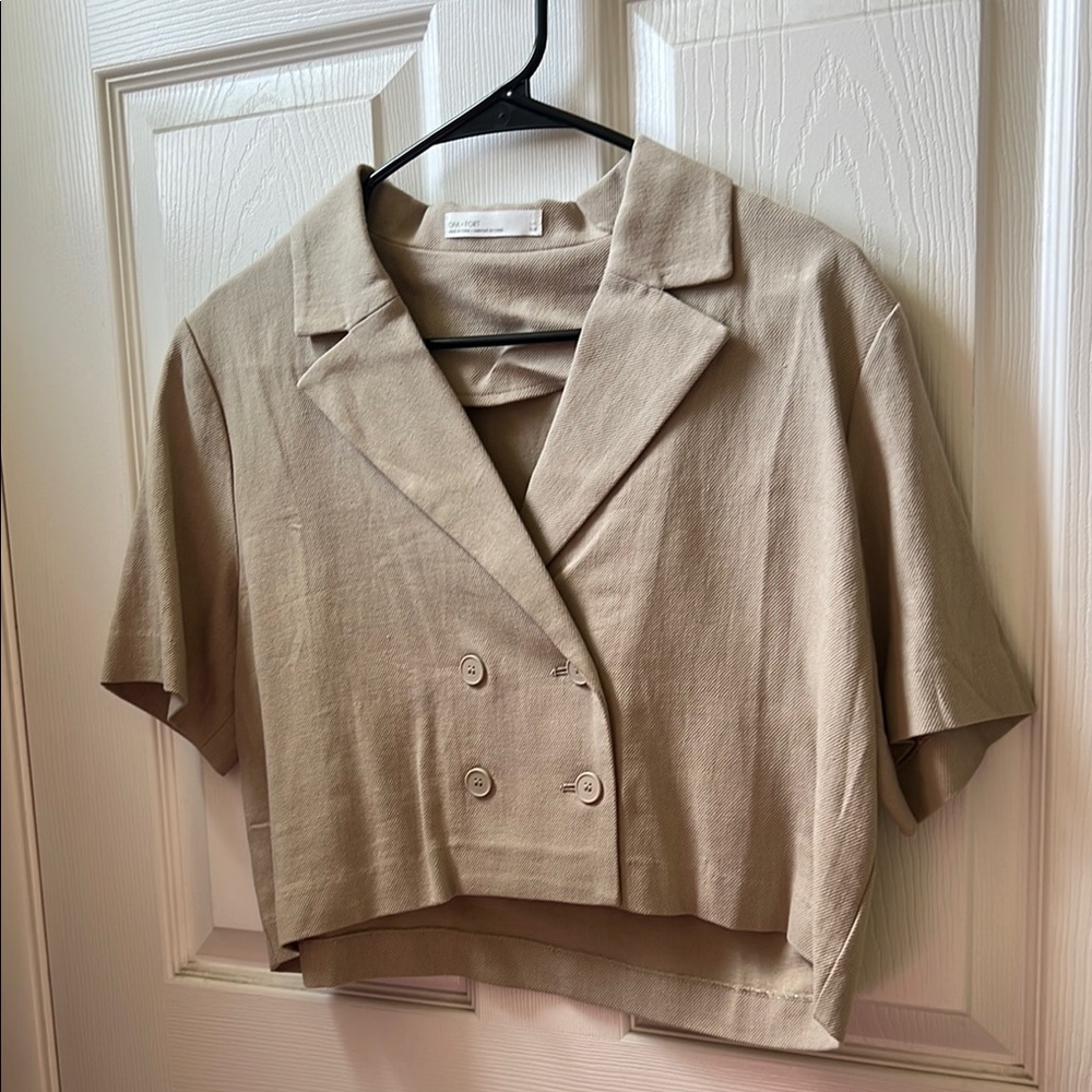 Tan Cropped Double-Breasted Blazer Top